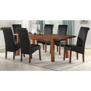 Areli Acacia Wood Extending Dining Set With 4 Black Sika Chairs
