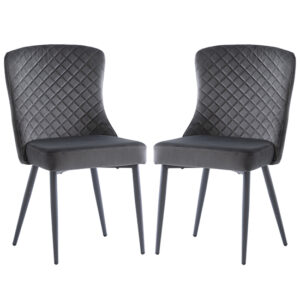 Helmi Graphite Velvet Dining Chairs With Black Legs In Pair
