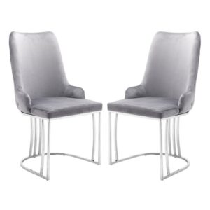 Brixen Grey Plush Velvet Dining Chairs Silver Frame In Pair