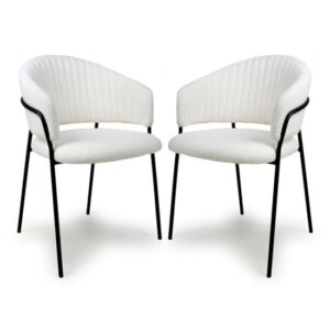 Monzo White Boucle Fabric Dining Chairs With Black Legs In Pair