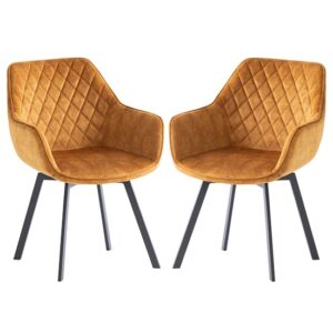 Viha Swivel Antique Gold Velvet Dining Chairs In Pair