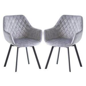 Viha Swivel Silver Velvet Dining Chairs In Pair
