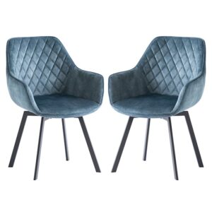 Viha Swivel Teal Velvet Dining Chairs In Pair